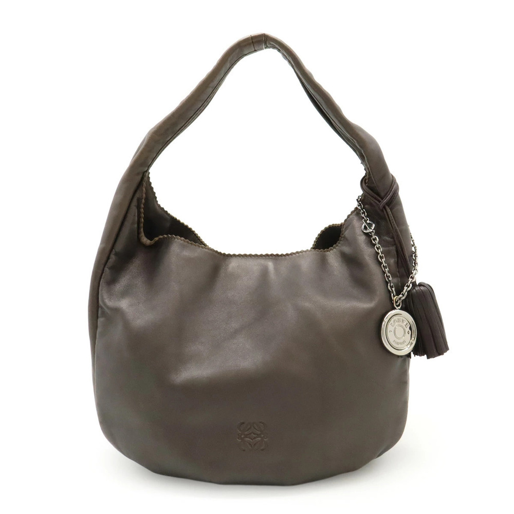 Loewe Viento Anagram Bag Hobo Fringe Charm Leather Metallic Bronze Brown